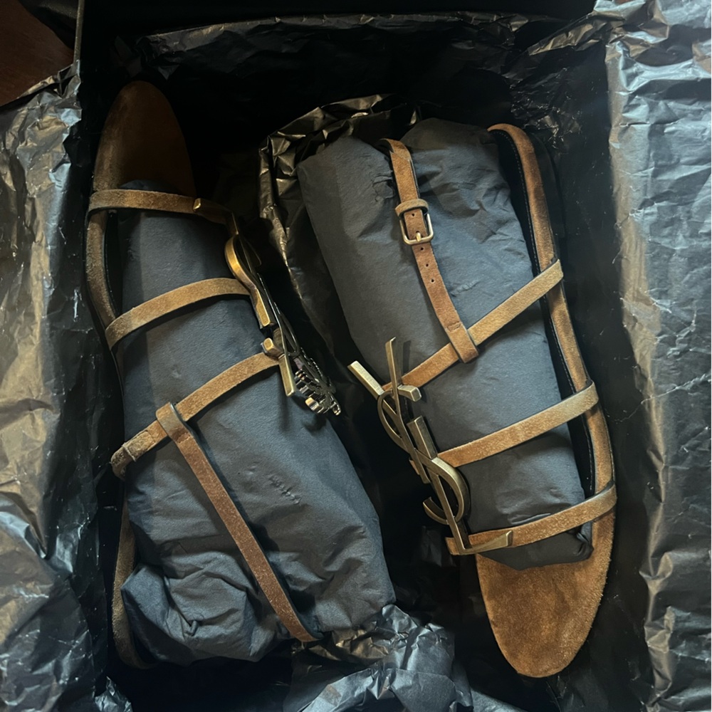 New Saint Laurent Cassandra Suede YSL logo Palm tree Sandals Brown Sandals - Picture 12 of 13